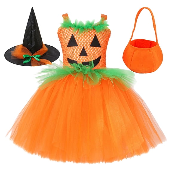 Girls Halloween Pumpkin Performance Dress Orange Tulle Tutu Princess Dress
