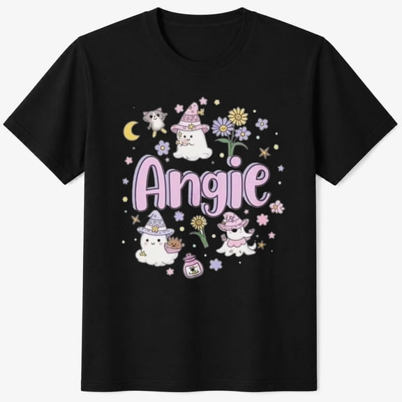 Girls Halloween Shirt, Angie Name Halloween Ghost Pumpkin and Witch Hat Graphic, Graphic T-Shirt