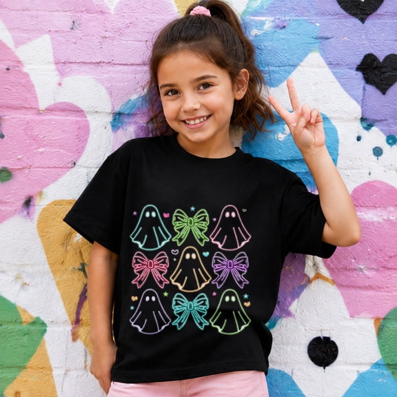 Girls Halloween Shirt, Bow Ghost Pattern Graphic Short Sleeve Casual T-Shirt