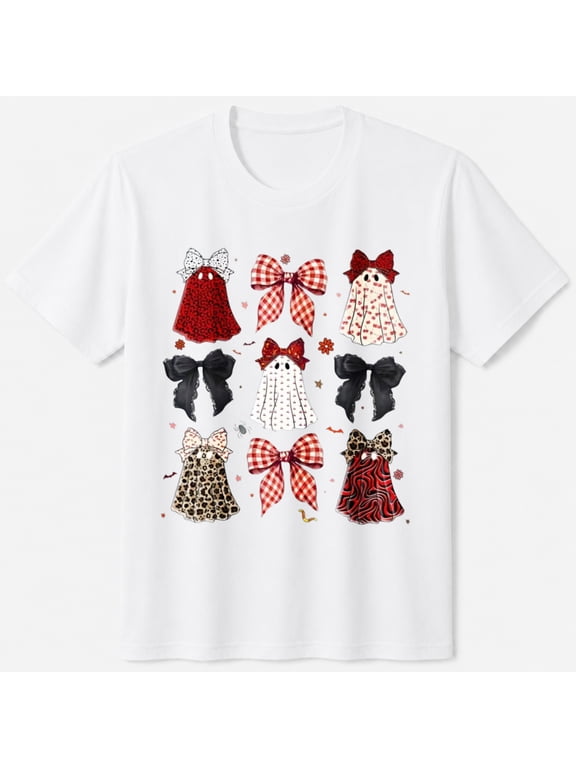 Girls Halloween Shirt, Halloween Bow Pattern with Red Black and Gingham Styles, Graphic T-Shirt