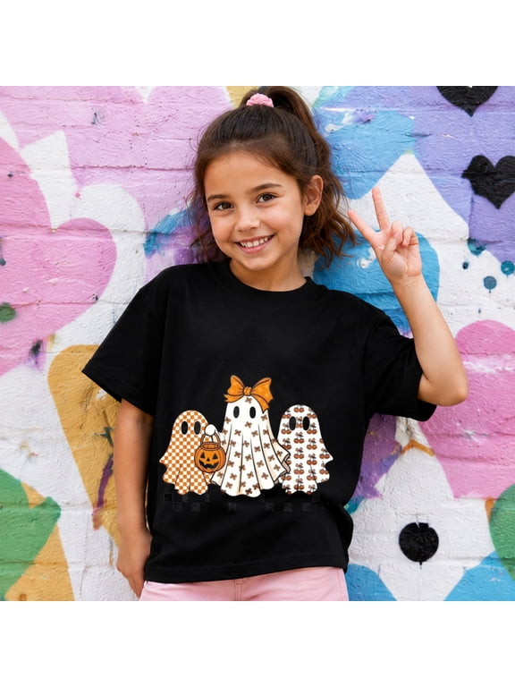 Girls Halloween Shirt, Patterned Ghost Graphic Short Sleeve Casual T-Shirt