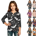 thumbnail image 1 of Girls Halloween Shirt Pumpkin Bat Print 3/4 Sleeve T Shirt Cute Graphic Tee Spooky Season Fall Halloween Outfit Kids Casual Top,12-13 Years,Black, 1 of 1