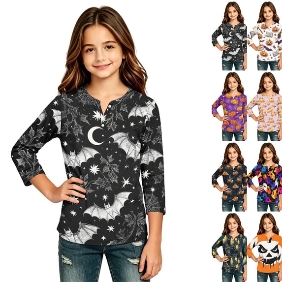 Girls Halloween Shirt Pumpkin Bat Print 3/4 Sleeve T Shirt Cute Graphic Tee Spooky Season Fall Halloween Outfit Kids Casual Top,12-13 Years,Black