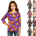 thumbnail image 1 of Girls Halloween Shirt Pumpkin Bat Print 3/4 Sleeve T Shirt Cute Graphic Tee Spooky Season Fall Halloween Outfit Kids Casual Top,12-13 Years,Dark Purple, 1 of 6