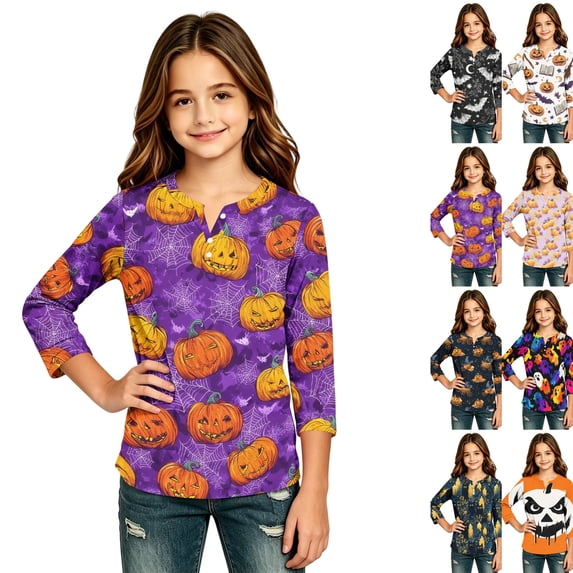 Girls Halloween Shirt Pumpkin Bat Print 3/4 Sleeve T Shirt Cute Graphic Tee Spooky Season Fall Halloween Outfit Kids Casual Top,12-13 Years,Dark Purple