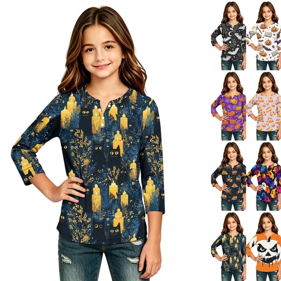Girls Halloween Shirt Pumpkin Bat Print 3/4 Sleeve T Shirt Cute Graphic Tee Spooky Season Fall Halloween Outfit Kids Casual Top,2-3 Years,Green