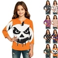 thumbnail image 1 of Girls Halloween Shirt Pumpkin Bat Print 3/4 Sleeve T Shirt Cute Graphic Tee Spooky Season Fall Halloween Outfit Kids Casual Top,2-3 Years,Saffron, 1 of 6