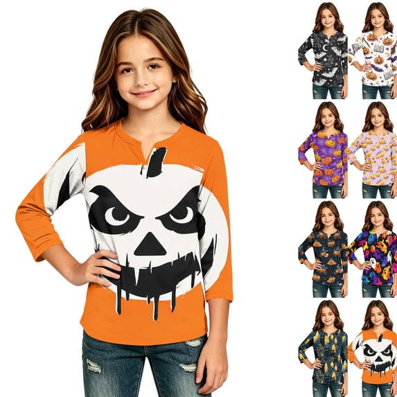 Girls Halloween Shirt Pumpkin Bat Print 3/4 Sleeve T Shirt Cute Graphic Tee Spooky Season Fall Halloween Outfit Kids Casual Top,2-3 Years,Saffron