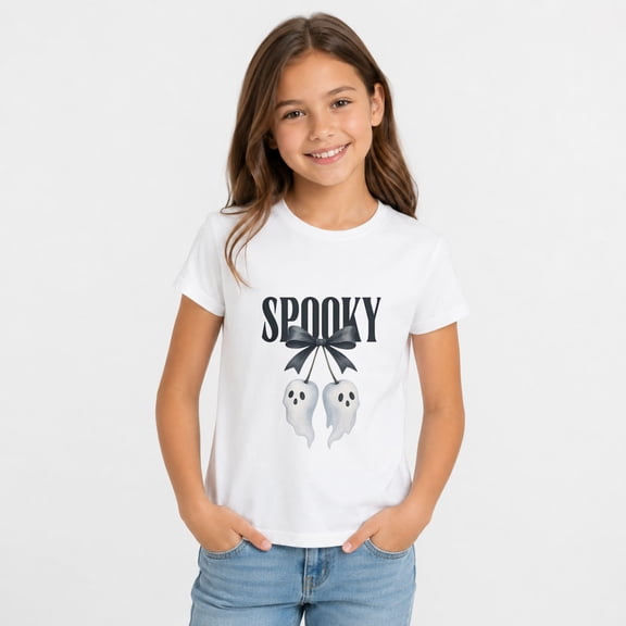 Girls Halloween Shirt, Spooky Bow Ghost Graphic Short Sleeve Casual T-Shirt