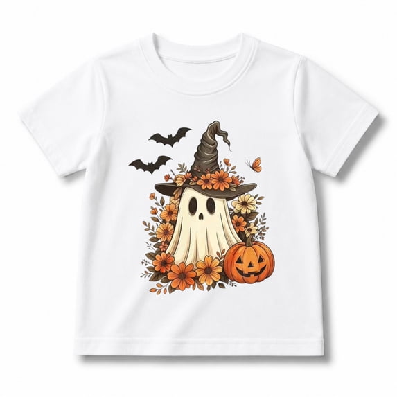Girls Halloween Shirt, Witch Hat Ghost Pumpkin and Fall Floral Graphic Short Sleeve T-Shirt