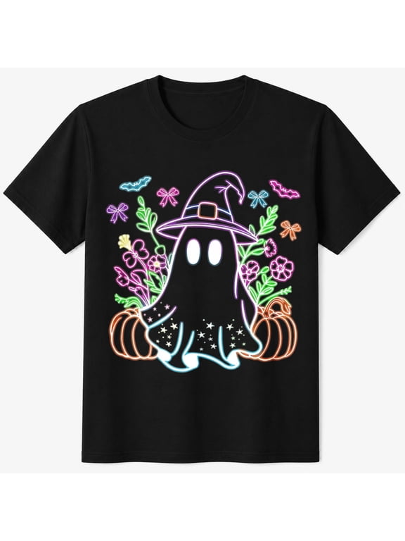 Girls Halloween Shirt, Witch Hat Ghost with Pumpkins and Neon Flowers, Graphic T-Shirt
