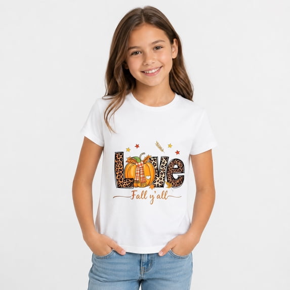 Girls Halloween Shirt for Kids, Love Fall Y’all Graphic Short Sleeve Casual T-Shirt