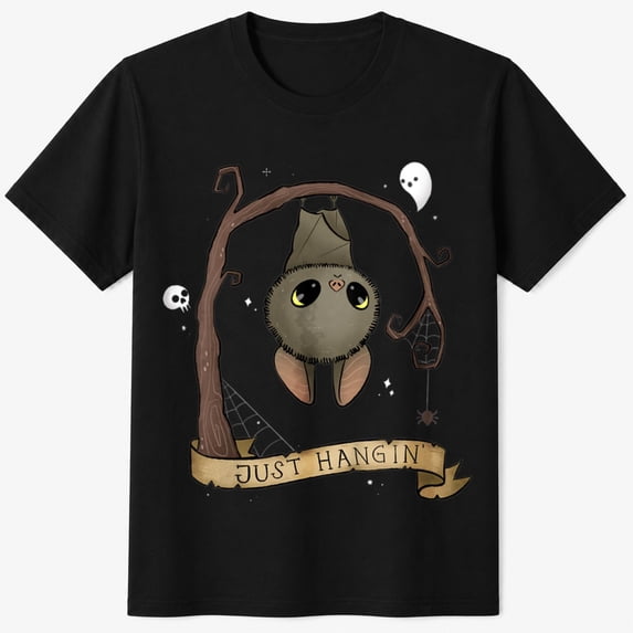 Girls Halloween Shirt with Cute Just Hangin Bat Graphic, Spooky Goth Kids T-Shirt