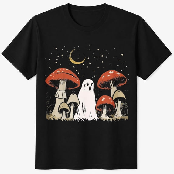 Girls Halloween Shirt with Ghost Mushrooms Moon Graphic, Cute Cottage Spooky Kids T-Shirt
