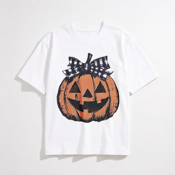Girls Halloween Shirt with Jack O Lantern and Plaid Bow Graphic, Short Sleeve