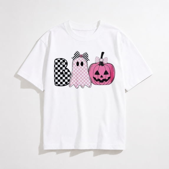 Girls Halloween Shirt with Pink Ghost Checkerboard and Pumpkin Graphic, Short Sleeve