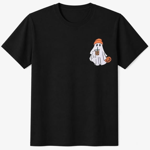 Girls Halloween Shirt with Small Ghost Pumpkin Graphic, Cute Minimal Spooky Kids T-Shirt