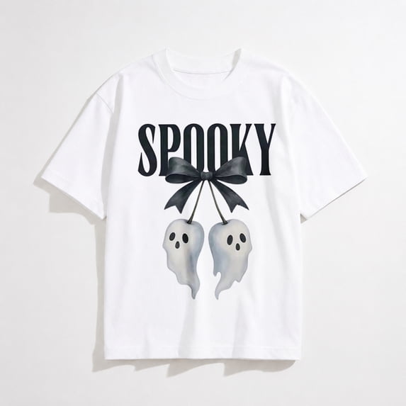 Girls Halloween Shirt with Spooky Bow and Two Ghosts Graphic, Short Sleeve