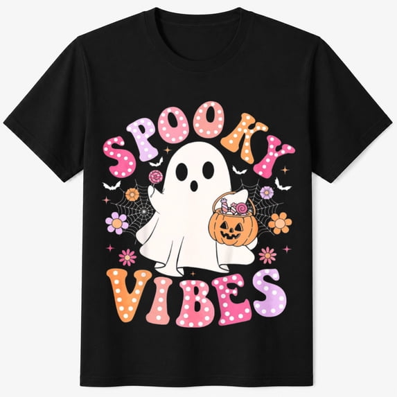 Girls Halloween Shirt with Spooky Vibes Ghost and Flowers Graphic, Cute Kids T-Shirt