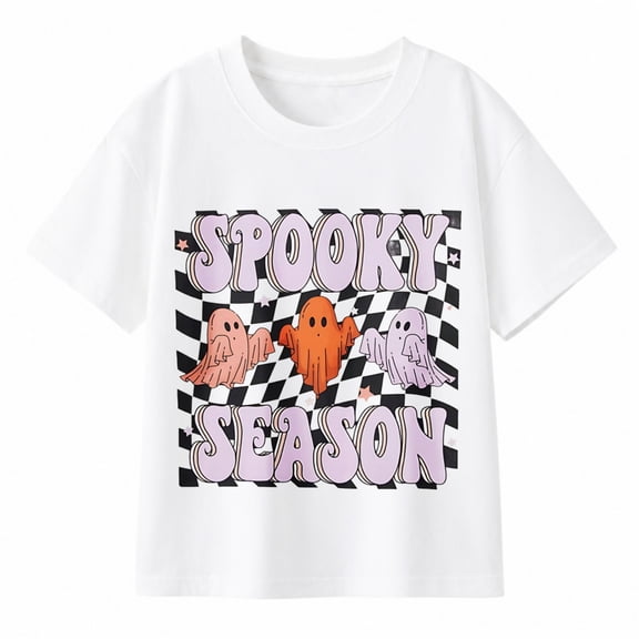 Girls' Halloween Spooky Season Ghost Graphic T-Shirt, Checkered 100% Cotton Short Sleeve Shirt