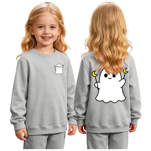 Girls Halloween Sweatshirt Crewneck Long Sleeve Cartoon Ghost Graphic Top Breathable Pullover Tops Gray 1-2 Years