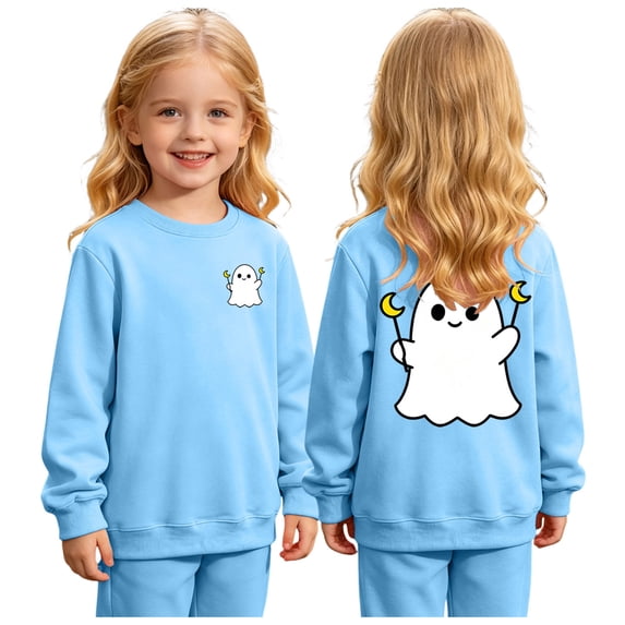 Girls Halloween Sweatshirt Crewneck Long Sleeve Cartoon Ghost Graphic Top Breathable Pullover Tops Blue 9-10 Years