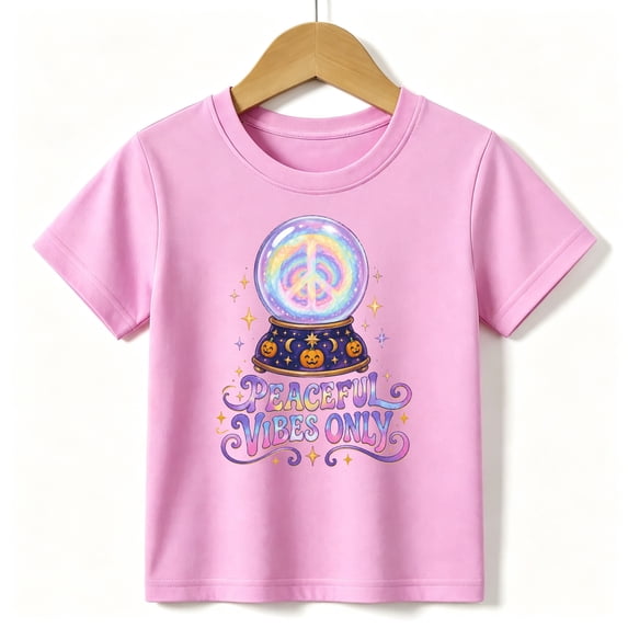 Girls Halloween T-Shirt Groovy Crystal Ball Peaceful Vibes Only Graphic Tee Pink, Kids 4-13Y