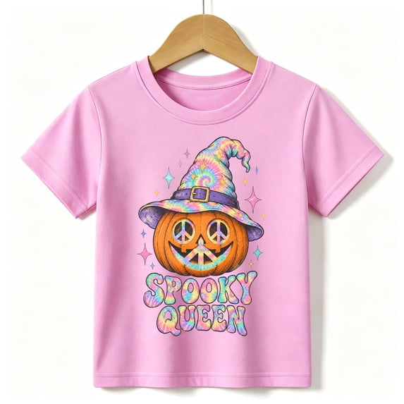 Girls Halloween T-Shirt Groovy Witch Hat Pumpkin Spooky Queen Graphic Tee Pink, Kids 4-13Y