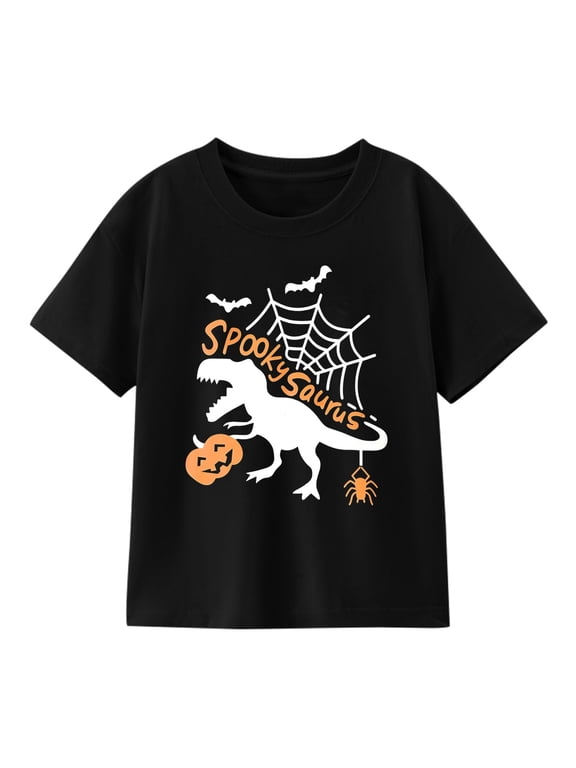 Girls' Halloween T-Shirt – Pumpkin Face/Dinosaur Skeleton Print