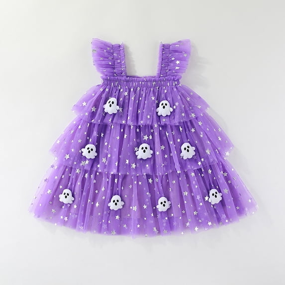 Girls Halloween Tulle Dress Sleeveless Layered Tutu Skirt with 3D Ghost Applique Star Sequins Cute Princess Party Cosplay Costume for Kids