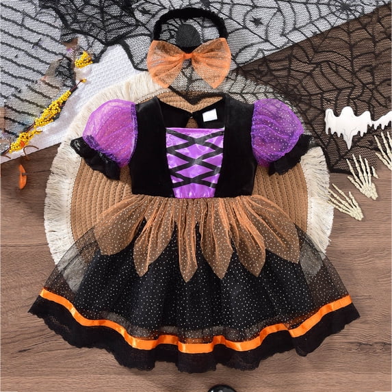 Girls Halloween Tutu Dress Short Sleeve Mesh Tulle Princess Dress Toddler Cute Sweet Party Outfits with Bow Hairband Black 18-24 Months