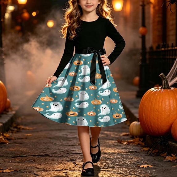 Girls' Halloween Two Piece Long Sleeve Dress Twisted Tree Bat Print Bow Belt A Line Flowy Skirt Kids Role Play Costume for Girls 5-14Y, Halloween Costumes for Girls Green a 11 Years