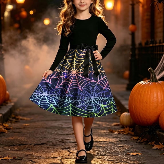 Girls' Halloween Two Piece Long Sleeve Dress Twisted Tree Bat Print Bow Belt A Line Flowy Skirt Kids Role Play Costume for Girls 5-14Y, Halloween Costumes for Girls Multicolor 11 Years