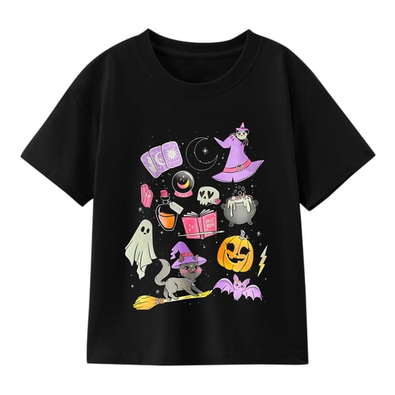 Girls' Halloween Witch Cat Pumpkin Graphic T-Shirt, Cute Ghost Bat Spell Book Casual Short Sleeve Tee