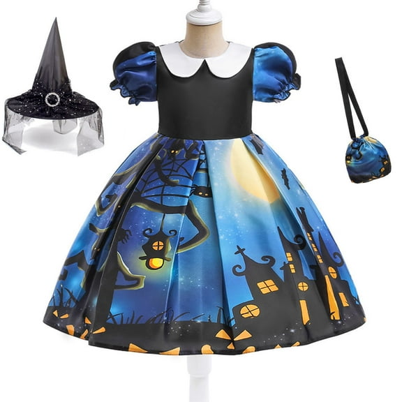 Girls Halloween Witch Costume,Halloween Party Fancy Dress Up Deluxe Set with Hat Bag