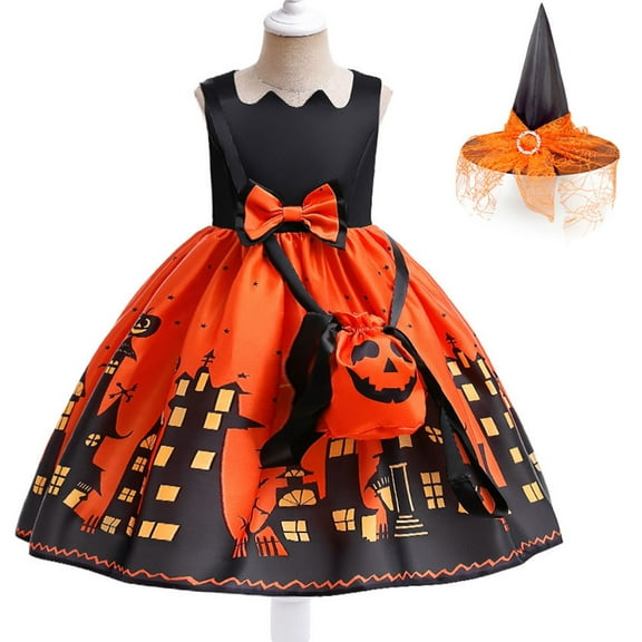 Girls Halloween Witch Costume,Halloween Party Fancy Dress Up Deluxe Set with Hat Bag