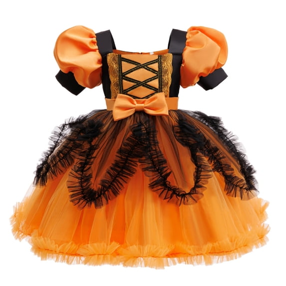 Auroural Girls Tulle Princess Dress Girls Halloween Witch Pumpkin Dress Puff Sleeve Bow Waist Princess for Party