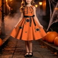 thumbnail image 1 of Girls' Halloween Zip Dress Spooky Tree Bat Print Sleeveless Round Neck Satin Bow Belt Flared Swing Skirt Kids Party Costume for Girls 4-14Y, Halloween Costumes for Girls Orange 7 Years, 1 of 9