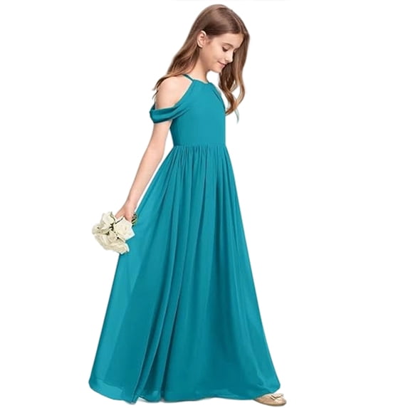 Girls Halter Chiffon Performance Dress, Light Blue Sleeveless Long Gown for Piano Violin Recital