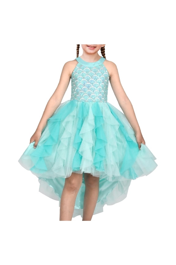 Girls Halter Dress Turquoise Ruffle Tiered Mermaid Sequin Pageant Tulle 6 Years
