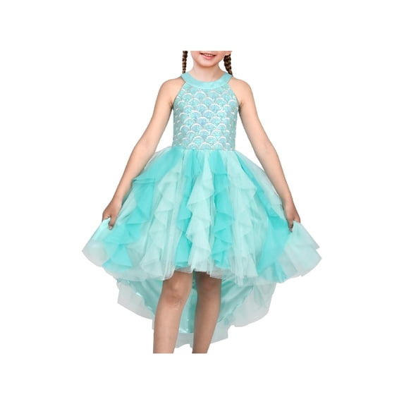 Sunny Fashion Girls Halter Dress Turquoise Ruffle Tiered Mermaid Sequin Pageant Tulle 7 Years