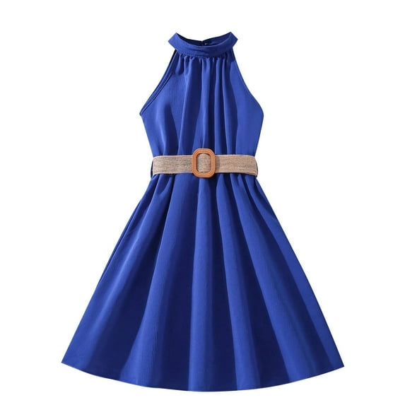 Girls Halter Dresses Sleeveless Pleated Chiffon Casual Dress High Waist off Shoulder Summer Going out Outfits, Blue, 8 Years