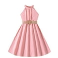 thumbnail image 1 of Girls Halter Dresses Sleeveless Pleated Chiffon Casual Dress High Waist off Shoulder Summer Going out Outfits, Pink, 10 Years, 1 of 3