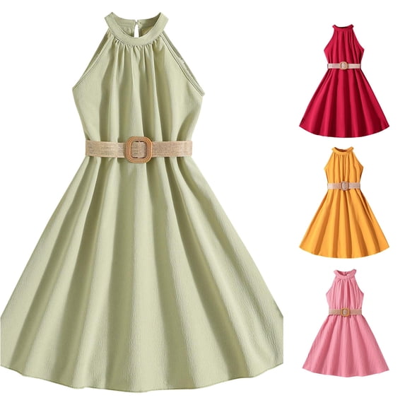 Girls Halter Neck Green Dress Sleeveless Casual A-line Outfits Sundress Summer Dress for 7-8 Years