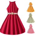 thumbnail image 1 of Girls Halter Neck Red Dress Sleeveless Casual A-line Outfits Sundress Summer Dress for 9-10 Years, 1 of 7