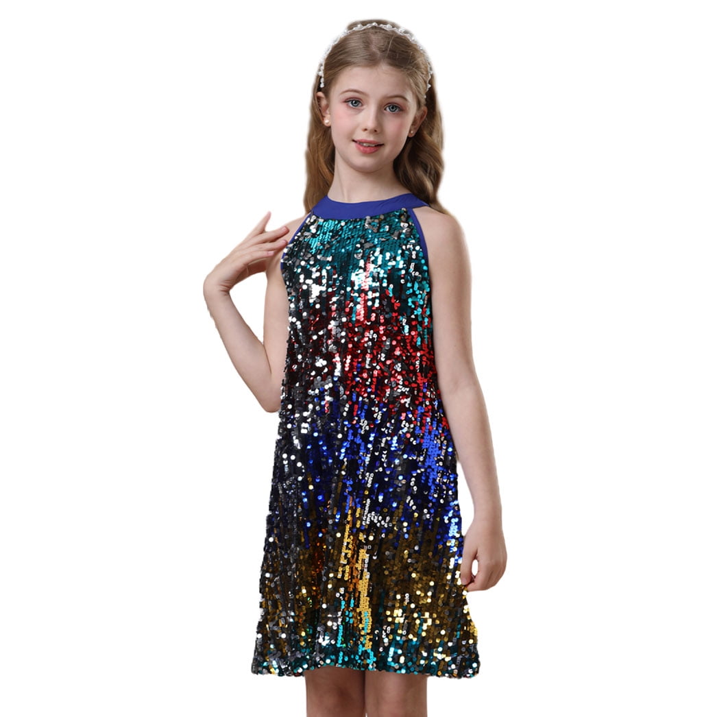 Girls Halter Neck Sequin Dress Birthday Wedding Party Maxi Dress 5-12y