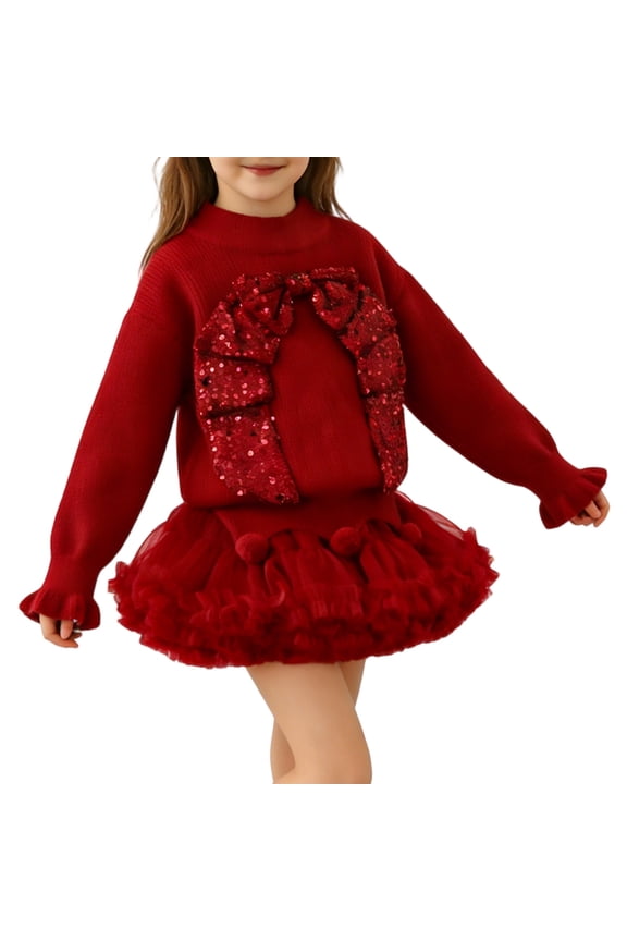 Girls' Handmade Knitted Sweater Dress Set with Puffy Skirt for Toddlers and Kids