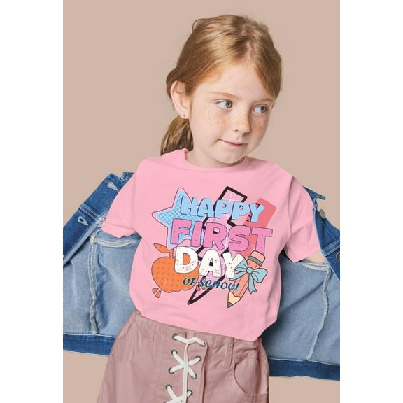 Girls "Happy First Day of School" Lightning Bolt Graphic Tee – 100% US Cotton - Gift for Back to school