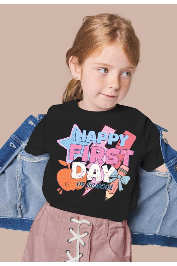 Girls "Happy First Day of School" Lightning Bolt Graphic Tee – 100% US Cotton - Gift for Back to school