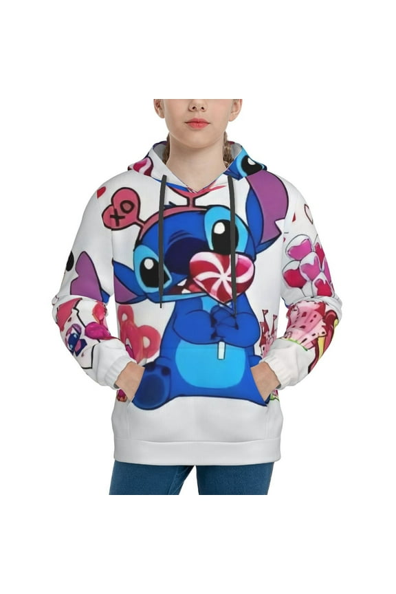 Girls Happy Valentine'S Day Stitch Hoodie Kids Hooded Pullover Sweatshirt Casual Long Sleeve Clothes for 6-18 Years,M
